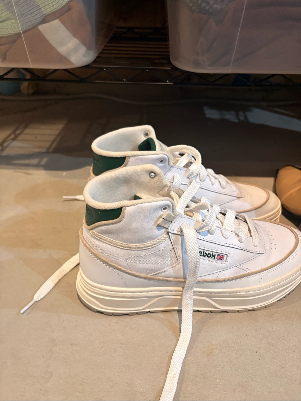 Reebok White Leather High-Top Sneakers with Green Heel